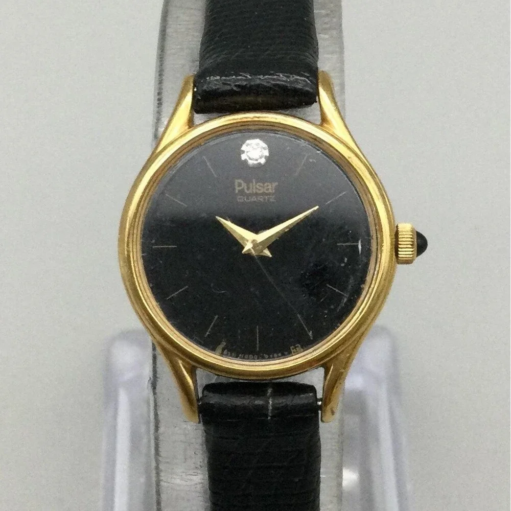 Pulsar Womens Watch 20mm Black Dial Gold Tone Diamond Y580-0019 New Battery